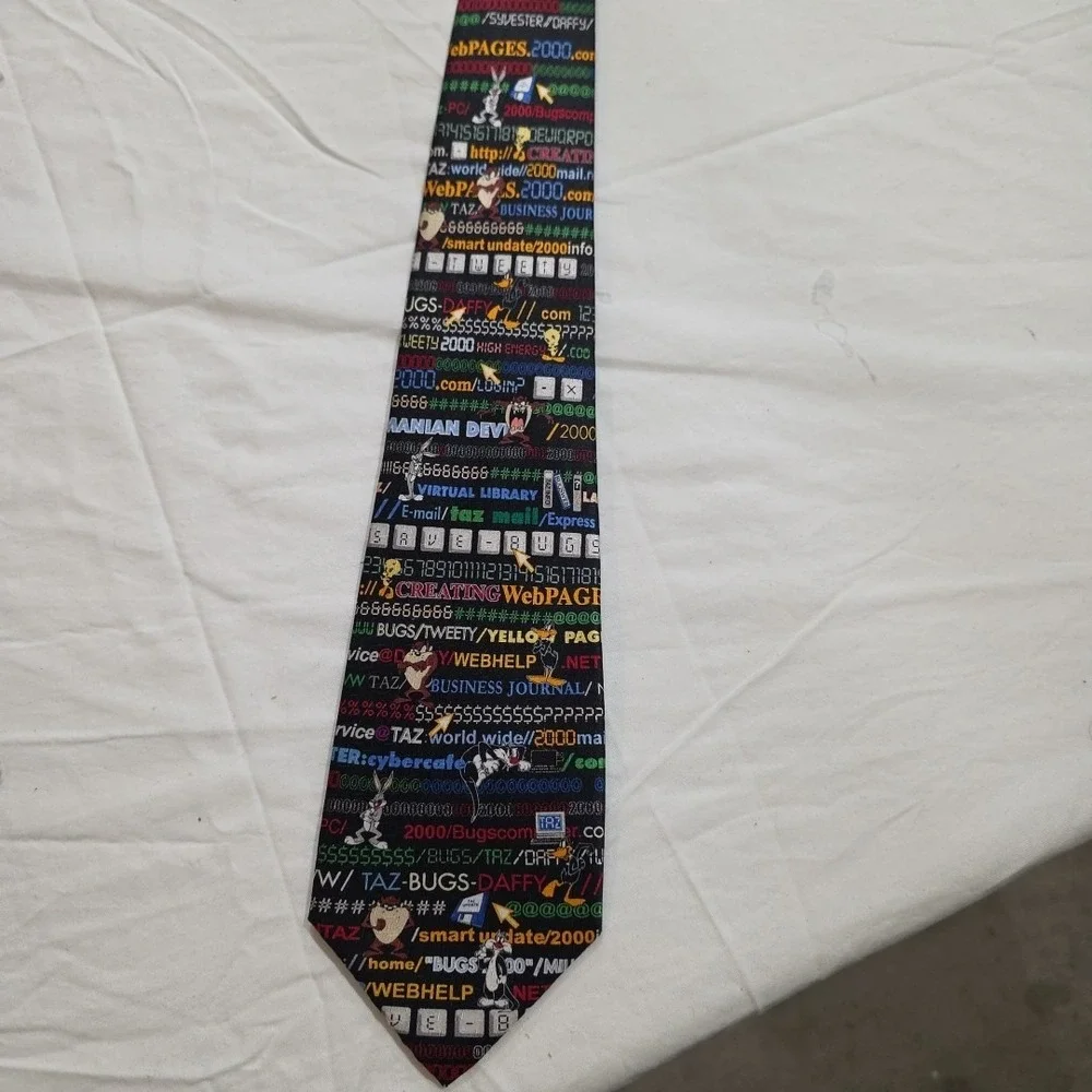 Vtg Looney Tunes Tie Bugs Daffy Taz Tweety Computer Code Necktie 58
